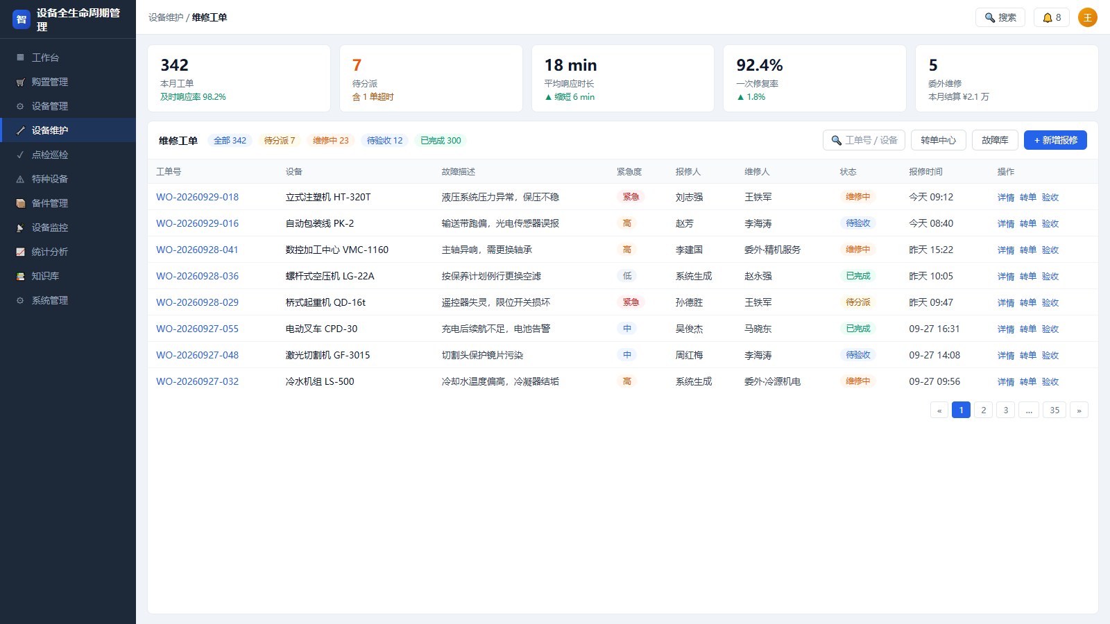 维修工单 · 报修分派验收闭环